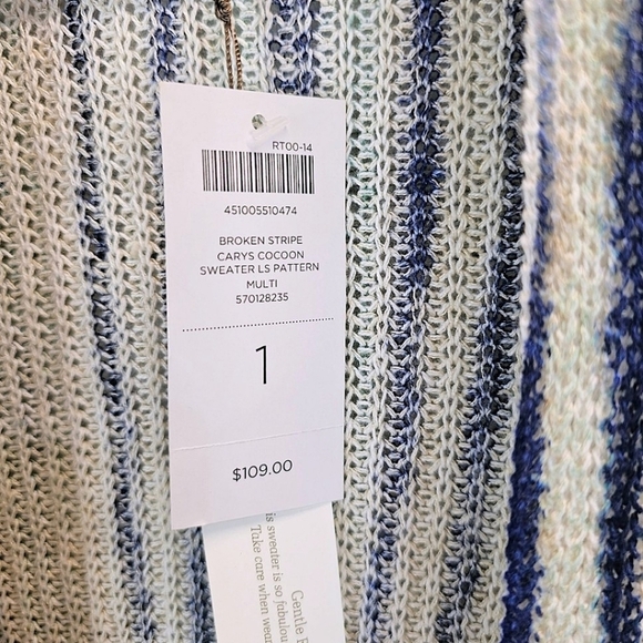 NWT Chico's Boho Linen Broken Stripe Cocoon Sweater Cardigan Medium Blue Cozy - Picture 14 of 16